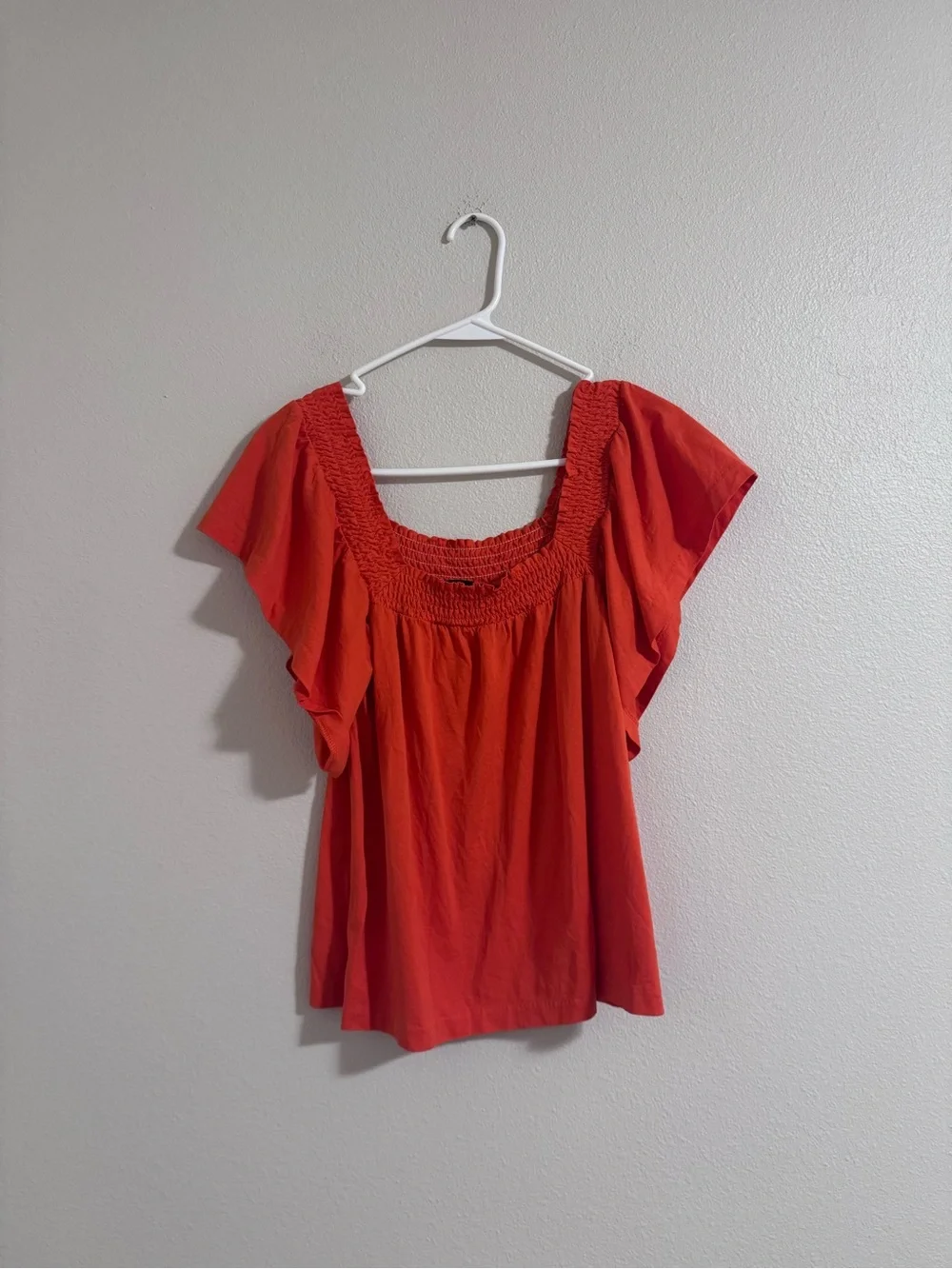 J. Crew Orange Smocked Square-Neck Flutter Sleeve Top